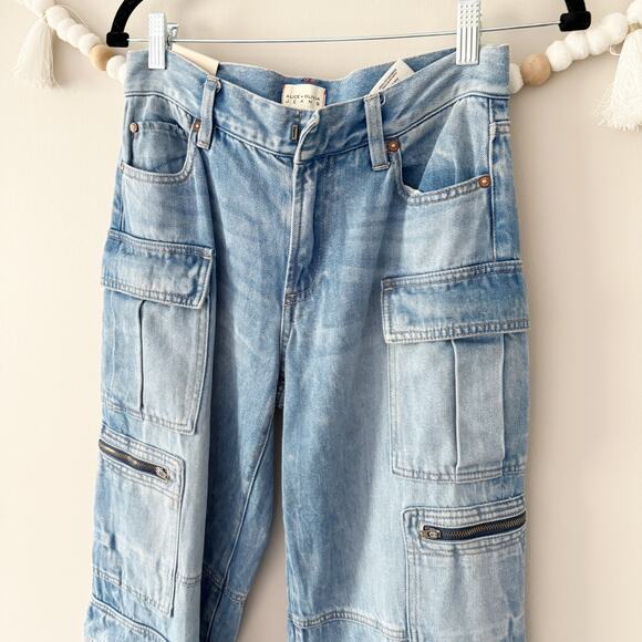 NEW Alice + Olivia Cay Cargo Jeans Wide Leg Mid Rise Utility Brea Blue Size 26 - Picture 16 of 16